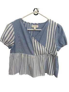 Free Assembly Girls Blue White Stripe Peplum Wrap Top Sz L 10/12 Puff Sleeve EUC